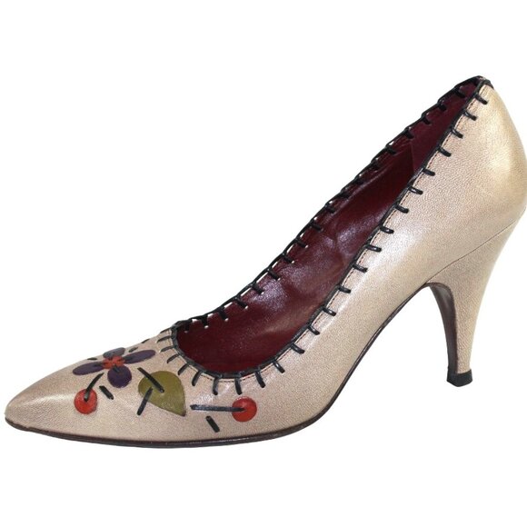 Prada Vintage Floral Appliqué Taupe Purple Detailing Slip-On Heel Size 37 (US 6) - Picture 3 of 12